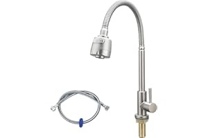 LEADAHEAD Cold Water Only Faucet Bendable Flexible Neck Kitchen Sink Faucet with Sprayer Aerator Lead-Free Single Handle SUS304 Stainless Steel Deck Mount Sink Bar Tap with One 80CM Long Hose | Brushed Nickel