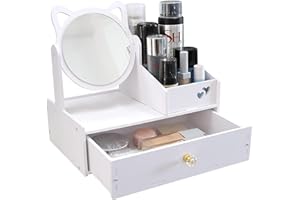 LEcylankEr Organizador de Maquillaje, Organizador de Baño de Mesa Blanco, Caja Organizadora de Maquillaje con Espejo, Caja Maquillaje Organizador con Cajones para Dormitorio/Baño (Espejo redondo)
