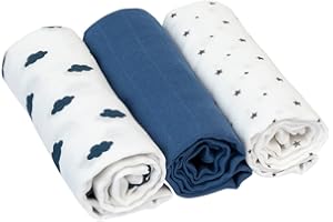 ‎BORNINO Bornino Basics Mullwindeln 80x80 cm Wolken und Sterne (3er-Pack) - Mulltücher aus reiner Baumwolle - Moltontücher ideal als Decke & Sonnenschutz - Blau