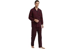 GLOBAL Mens Pyjama Sets | 100% Cotton Soft Flannel Pjs | Long-Sleeve Top Elastic and Drawstring Bottoms
