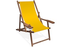 PROMO TRADE Holz-Liegestuhl mit Armlehne und Getränkehalter, Klappbar, mit dunkelbrauner Lasur, Wechselbezug (Gelb)