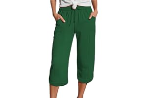 HOOUDO Womens Summer Linen Shorts Elastic Waist Knee Length Bermuda Shorts Loose Casual Hot Pants Wide Leg Beach Trousers Shorts with Pockets