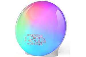 YAZEKY Budzik świetlny, budzik LED Radio FM Budzik z symulatorem świtu, lampka nocna z dwoma alarmami i funkcją drzemki, 20 jasności, 7 naturalnych dźwięków, lampka nocna dla dzieci 18 kolorów