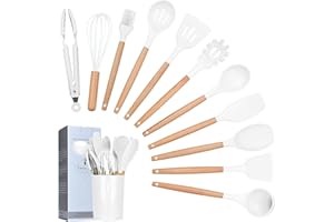 Lychee 12 Piezas Utensilios de Cocina de Silicona, Utensilios de Cocina de Silicona Resistentes al Calor y Antiadherentes con Mango de Madera para Utensilios (Blanca)