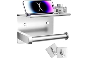 Tindbea Toilet Roll Holder with Phone Shelf + Towel Robe Hooks, Self Adhesive or Wall Mounted Toilet Roll Storage Dispenser, Stainless Steel Loo Roll Holder for Bathroom (Brushed Nickel)