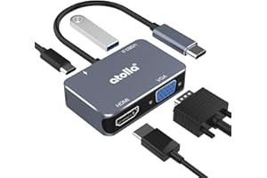 Atolla Hub USB C, Adaptateur USB C vers HDMI UHD avec Port HDMI 4K @ 30Hz + VGA 1080P + Port USB 3.0 + PD 60W pour MacBook air/MacBook Pro 2019/2018 et USB Type C périphériques…