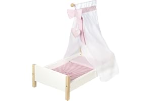 roba Lettino per Bambole "Scarlett", Legno, Accessori in Tessuto, Biancheria da Letto e Baldacchino, Bianco
