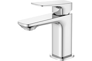 BELZ Basin Mixer Tap, Solid Brass Bathroom Sink Tap with Drip-Free Ceramic Cartridge and G1/2" Hoses, Single Lever Hot & Cold Mixer, Chrome – Size: Height 133mm