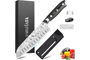 MOSFiATA Coltelli da Cucina Professionali, Coltello Santoku Coltello da Cucina Giapponese Coltello Chef in Acciaio Inossidabile con Affilacoltelli e Protezione per le Dita - 17,8CM