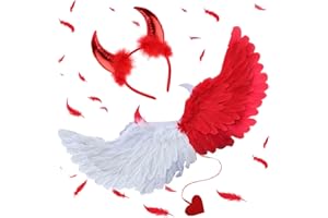 Ailes de Plumes Ange,Costumes d'ange Fête,Aile de Demon avec Cornes de Diable Rouge et Bâton de Trident du Diable,Costume Aile d'ange,Ailes d'ange,pour Carnaval,Cosplay,Halloween