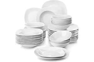 ‎MALACASA MALACASA Geschirrset 12 Personen, Serie Elisa 48-teiliges Teller Set, Tafelservice mit 12 Suppenteller, 12 Kuchenteller, 12 Speiseteller & 12 Müslischale, Porzellan Kombiservice in Hellgrau weiß