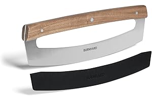 BURNHARD Pizzaschneider aus Klingenstahl, Wiegemesser, 35,5 cm Klinge, Pizzamesser inkl. Klingenschutz, scharfer Pizza Cutter ohne Zerdrücken, Akazienholzgriff