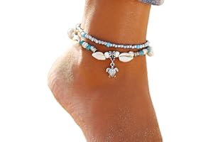 Handcess Bracelet de cheville bohème en forme de tortue en argent avec perles turquoises pour femmes et filles