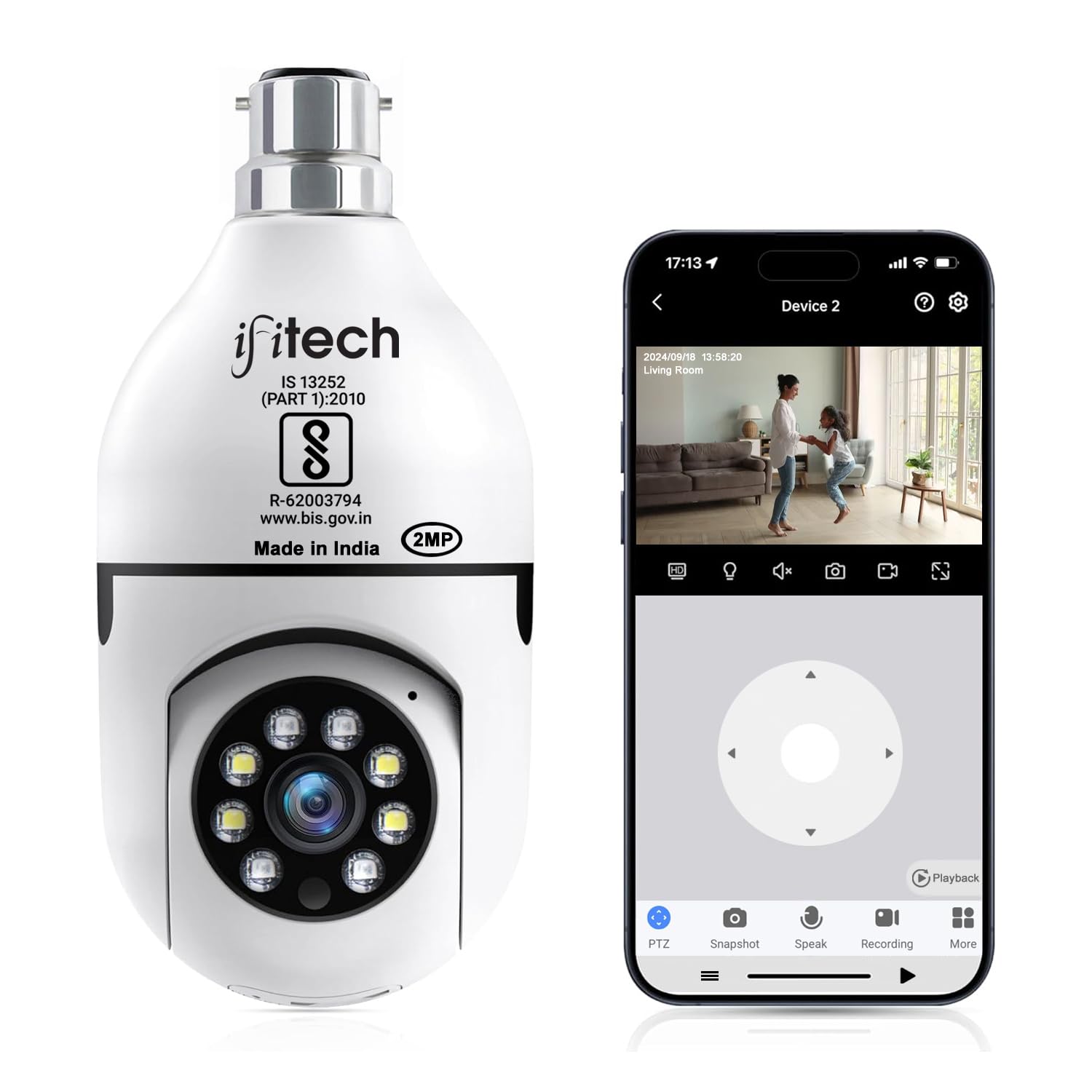 IFITech 1080p HD Smart Wi-Fi CCTV Home Security Camera | Indoor 360° Smart CCTV Camera | Bulb Camera | 256GB SD Card Support (Not Included) | Perfect for Home, Office Monitoring [2024 Model]