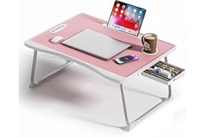 BTGGG Laptop Bed Table, Portable Lap Bed Desk with Handle, Foldable Computer Bed Table with Cup Slot & Side Drawer, Notebook Stand Breakfast Bed Tray for Bed, Sofa, Balcony,Carpet (Pink)