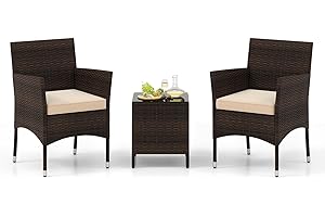 SFAREST 3PCS Rattan Bistro Set, Outdoor Wicker Sofa with Removable Cushions and Coffee Table, Patio Conversation Table and Chairs Garden Furniture Set for Balcony Backyard (Beige+Mix Brown)