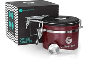 Coffee Gator Contenitore in acciaio inox per fondi e chicchi di caffè con date-tracker, valvola a rilascio di CO2 e misurino, piccolo, rosso
