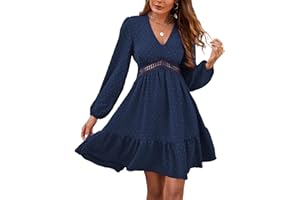 JENJON Femme Robe de Eté Col en V Elégant Pois Volants Taille Haute Manches Courtes/Longues Décontractée A-Ligne Mini Robes