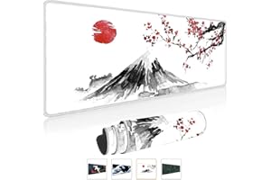 Owege Gaming Mauspad Weiß XXL 800 x 300 mm Japan Tuschemalerei Berg Sakura Sonne Berg Fuji Mousepad Groß Vernähte Kanten Wasserdicht Anti-Rutsch für PC, MacBook,Laptop, Polyester