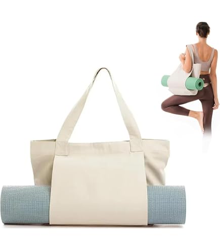 Yuhtech Canvas Yoga Mat Bag - Large Tote With Mat Holder Pocket, 49x40cm, Waterproof, For Pilates, Gym, Travel (White/Green Print)-916777