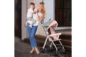 HUOLE Cochecito de caña de bebé ultraligero, compacto, plegable e inclinable desde el nacimiento hasta 25 kg, con sistema Trolley, funda de lluvia incluida, y capucha extensible D-rosa