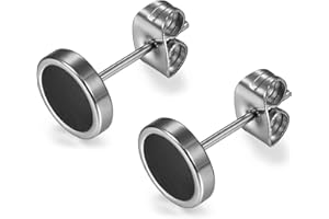 Flongo Petites boucles d’oreilles rondes argentées et noires Unisexes En acier inoxydable Style hip hop 6 x 12 mm