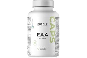 NUTRI + Nutri+ EAA gelules vegan & hautement dosées - 360 Mega Caps 790mg - 9 acides aminés essentiels - EAA 6000 (Essential Amino Acids) - capsules de protéines - Complexe d'acides aminés