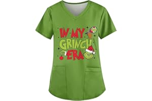 XYYYHTL Christmas Scrubs for Women Medical Uniform Nurse Hospital Tops Xmas V-Neck Working Uniforms Adult Santa Workwear Green Monster Print Scrub Jackets for Woman Nursing Jackets for Nurses