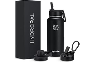HydroPal Edelstahl Trinkflasche - 500ml/750ml/ 1L/ 1.2L, BPA-Frei, Kohlensäure geeignet, Isolierte flasche mit Strohhalm & 2 Deckel, Auslaufsichere Isolierflasche für Sport