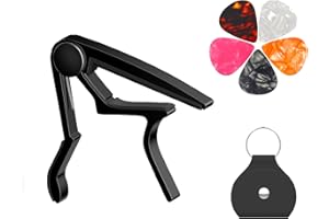 DIDA Gitarren Kapodaster für Akustikgitarre 6 Saiten und 12 Saiten, Gitarrenkapodaster mit Plektrumhalter und 5 Plektren, Metall Kapodaster für Ukulele, Mandoline, Banjo und andere (Schwarz)