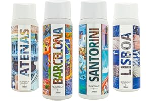 GLAMOUR PARFUM - Pack 4 Recambios Ambientador de Hogar - Fragancia Atenas, Barcelona, Santorini y Lisboa - 4 x 300 ml - Pack Cosmopolitan - Ambientadores Textiles de Hogar - Reutilizable