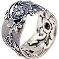 Vintage Wide Black 999 Sterling Silver Peony Flower Ring for Women Girls 15mm Open and Adjustable