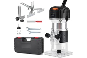 Palm Router WODSTA 1/4Inch/6.35mm Router Tool 800W 30000R/Min Woodworking Router Tools with 1 PCS 1/4 Inch/6.35mm Router Bit Wood Router 6-Speed Light Weight Router Adjust Drill Depth Wood Router