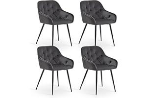 CLIPOP 4PCS Dining Chairs Set of 4 Velvet Fabric Thick Padded Upholstered Kitchen Seat Living Room Side Chairs Tub Leisure Chair with Armrest and Black Metal Legs (Grey)