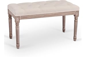 VONLUCE 80cm Long Vintage Upholstered Bench with Padded Seat | Tufted Entryway Dining Bench Seat & Footstool | French Rustic Ottoman for Bedroom Living Room Hallway, Beige