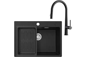 CECIPA Evier Cuisine 1 Bac 60 x 45 cm avec Robinet Cuisine Douchette, Evier Noir en Granit avec Panie de Vidange, Lavabo Cuisine pour Meubles Bas de 60 cm avec Siphon Classique et Trop-plein