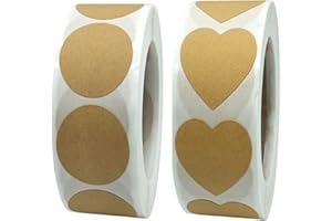 JOAKAUI 1000 Pezzi Adesivi Rotondi, Etichette di Codifica 2 Rotoli 25mm Rotondo e Adesivi del Cuore Autoadesivi del Cuore, Etichette di Carta Scrivibili Lucide per Busta di Carte (Carta kraft)