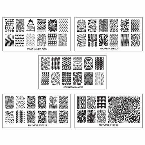 Bundle Monster 5pc Polynesian Themed Nail Art Design Rectangular XL Stamping Plates-Polynesia Tribal
