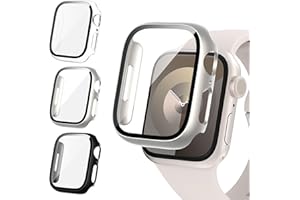 Fullife 3 Pack Screen Protector 41mm Compatible for Apple Watch Series 9/8/7 with 9H Tempered Glass,Overall Shockproof Cover Protective Case for iWatch 41mm(Black/Starlight/Transparent)