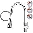 DAYONE Kitchen Mixer Tap with Pull Out Spray, SUS304 Stainless Steel Sink Taps Mixer with 3 Functions for Kitchen, 360° Swivel Single Handle High Arc Kitchen Faucet, Brushed Steel