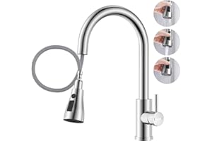 DAYONE Kitchen Mixer Tap with Pull Out Spray, SUS304 Stainless Steel Sink Taps Mixer with 3 Functions for Kitchen, 360° Swivel Single Handle High Arc Kitchen Faucet, Brushed Steel
