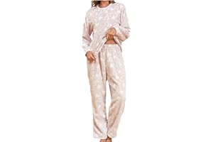SCBFDI Pyjama Femme Hiver Polaire Vetement Femme Chic, Top et Pantalon Manches Longues Gala Basic Taille Haute Sleepwear Coeur Flanelle A Elastique Col Rond Pyjama Polaire Hiver Chaud
