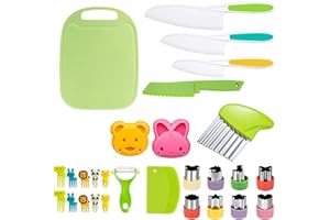 XOCOME Juego de 28 cuchillos para niños a partir de 3 años, cuchillo de corte seguro para niños, tabla de cortar y pelador, etc. Juego de cocina infantil para cocinar de verdad para niños y niñas