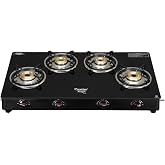 Prestige Magic plus Toughened Glass-Top(Long)4 Brass Burner LPG Gas Stove (GTMP-04L)| Black Spill Proof Design | Ergonomic Kn