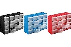 Kigima Sortierbox 3er Set 22x15x8cm 16 Fächer Rot, Blau, Schwarz – Praktisches Kleinteilemagazin aus Plastik – Sortimentskasten für Wandmontage geeignet – ideal als Werkstatt Organizer