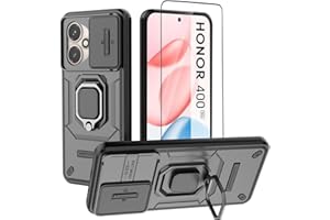 DERHAN Funda para Honor 400 5G, Carcasa Protectora con Cubierta de Cámara, Soporte de Anillo Metálico y Cristal Templado, Armadura Resistente a Golpes - Negro