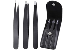 SUMLIVING Professional Eyebrow Tweezers,4 Piece Profeesional Stainless Steel Precision Tweezers for eyebow ingrown Hair Removal Eyelash Extension,Eyebrows Plucking Tweezers (Black-3PCS)