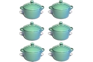 HOBBYTECH Hobby Tech Lot de 6 Mini Cocottes Bleues Turquoises Céramique Double Poignées avec Couvercle 13,5cm x 8cm Contenance Moule 200ml Ramequin Résistant Haute Température Four (Bleues Turquoise, Lot de 6)