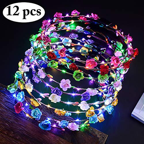 Outgeek Ghirlanda Fiori, 12Pcs 10 LEDs Fascia Fiori Coroncine Fiori per Capelli Bambina Ghirlande per Feste e Compleanni e Ragazze Copricapo da Sposa per Bambini
