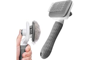 ELEZENIOC Dog Brush Cat Grooming Comb,Self Cleaning Pet Slicker Brushes with Smooth handle,Dog Grooming Tool with Button for Pet Shedding Brush Cat Massage Clean Tangled(Grey)